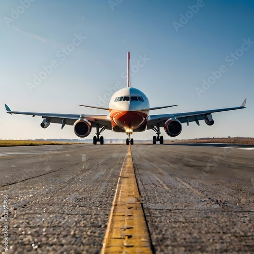 Wallpaper Mural airplane, jet, plane, aircraft, sky, air, travel, fake, cgi, illustration, photo, art, Front view of a large passenger airplane taxiing on a runway, ready for takeoff under a dramatic cloudy sky. Torontodigital.ca