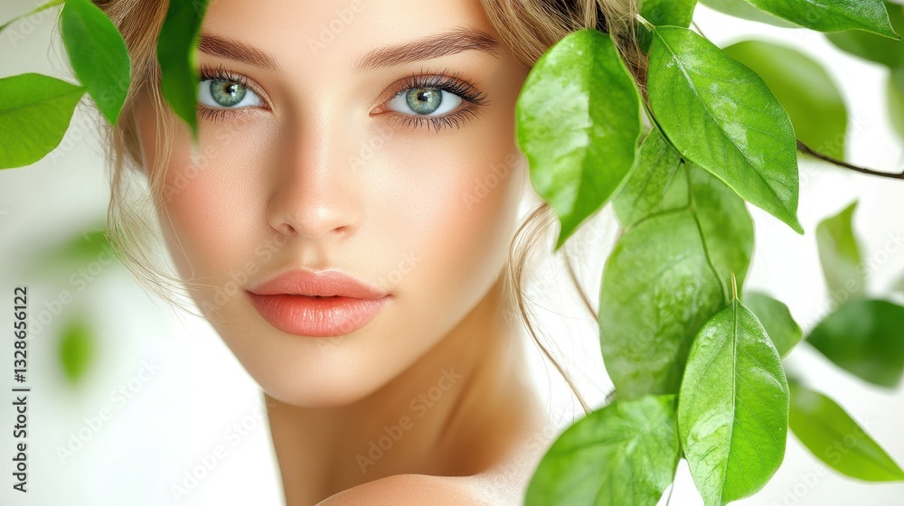 Young caucasian female with green eyes and fresh natural look surrounded by leaves Young caucasian female with green eyes and fresh natural look surrounded by leaves