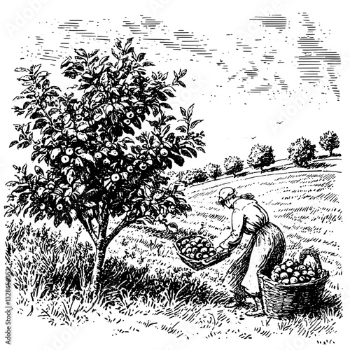 Harvesting apples in a sunlit orchard with vintage engraving style depicting a laborer at work