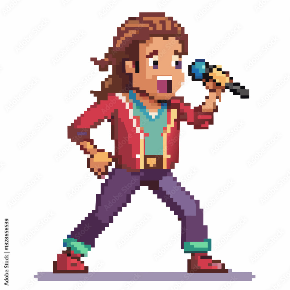 Obraz premium Pixel Art Rockstar Singing with Microphone in Retro Style