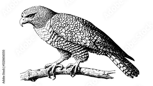 Intricate engraving of a majestic hawk perched gracefully on a branch showcasing detailed feather patterns