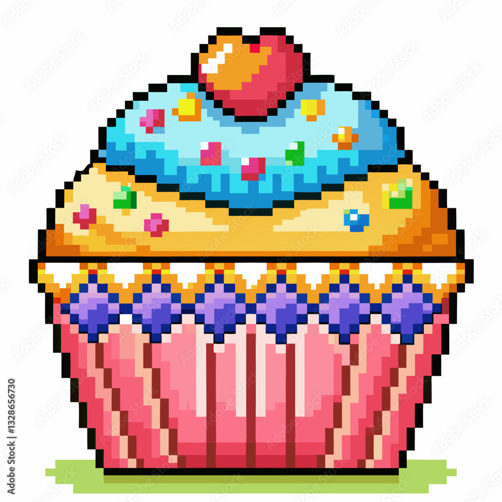 Fototapeta premium Colorful Pixel Art Cupcake With Sprinkles and Cherry Topping Digital Illustration