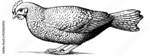 Elegant engraved illustration of a plump bird showcasing intricate feather details in a classic tattoo style design