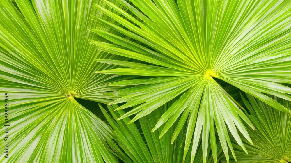 Vibrant green palm leaves with a radial pattern create a lush, tropical feel. Vibrant green palm leaves with a radial pattern create a lush, tropical feel.