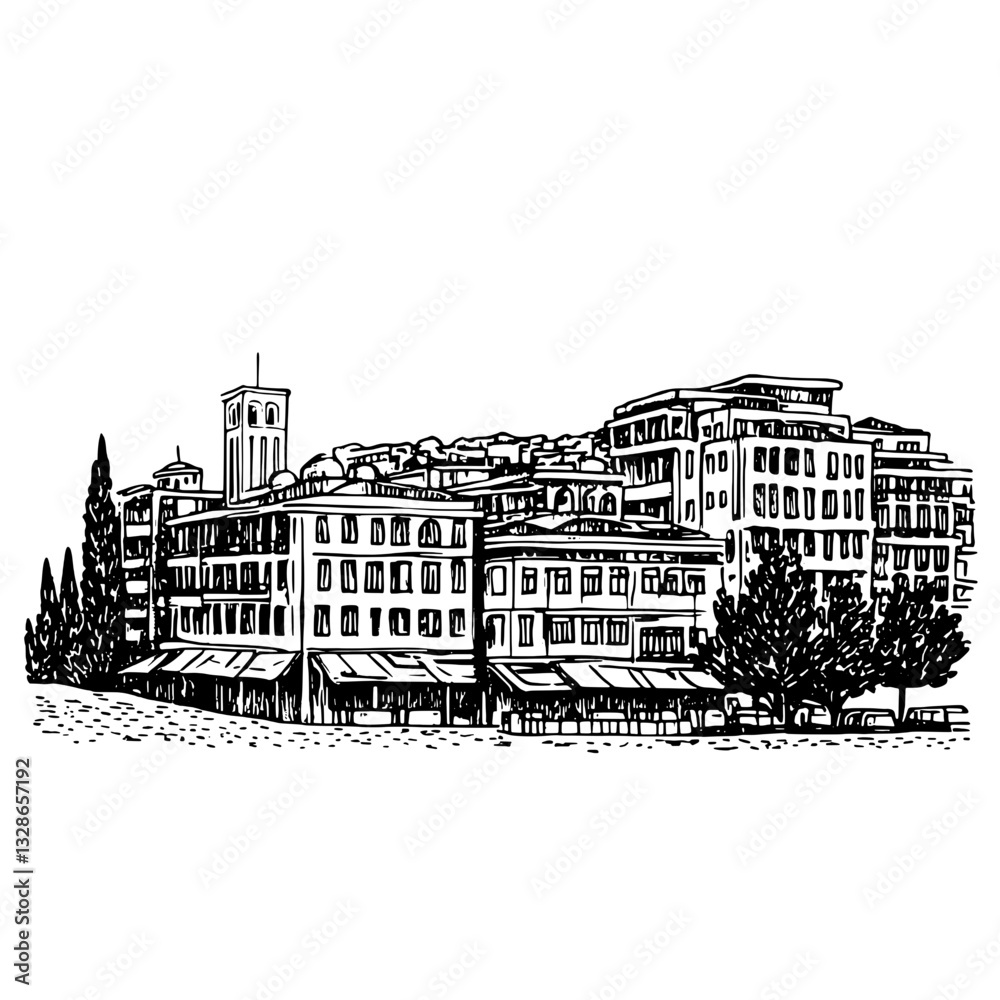 Obraz premium Charming engraved vector illustration of a lively urban landscape with vibrant buildings and lush trees under a serene sky
