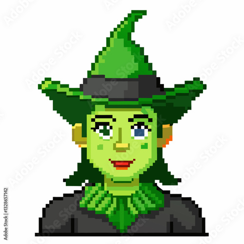 Pixel Art Green Witch with Hat and Cloak   Retro Gaming Style Halloween Illustration