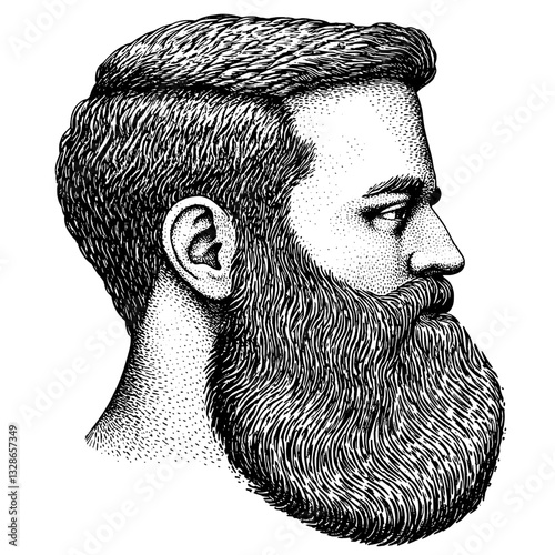 Detailed engraved illustration capturing the essence of a bearded man with stylish hair and an artistic vibe suitable for tattoo and packaging design