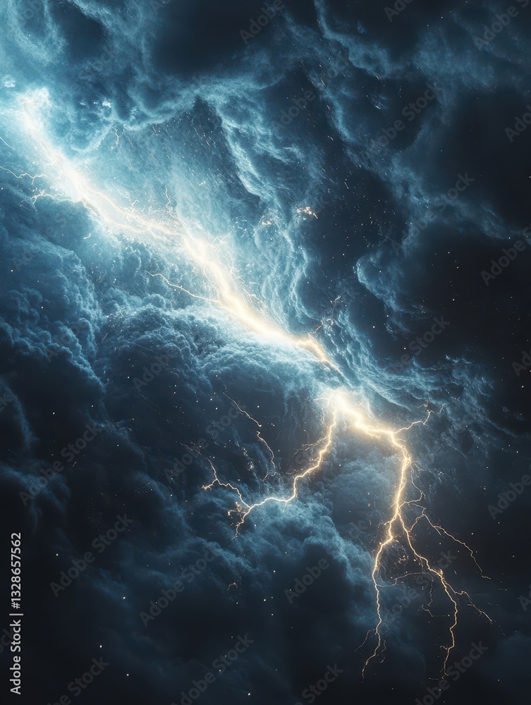 A powerful lightning bolt cuts through thick, dark clouds, illuminating the night sky with bright flashes and casting shadows across the turbulent scene A powerful lightning bolt cuts through thick, dark clouds, illuminating the night sky with bright flashes and casting shadows across the turbulent scene