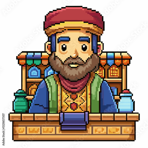 Pixel Art Merchant in Traditional Clothing at Market Stall with Colorful Jars and Bottles