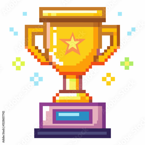 Pixel Art Golden Trophy   Retro Gaming Award Concept with Star and Colorful Design