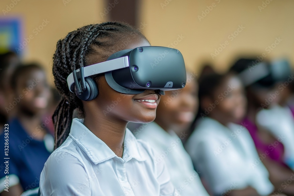 girl using a virtual reality headset and smiling in a classroom. girl using a virtual reality headset and smiling in a classroom.