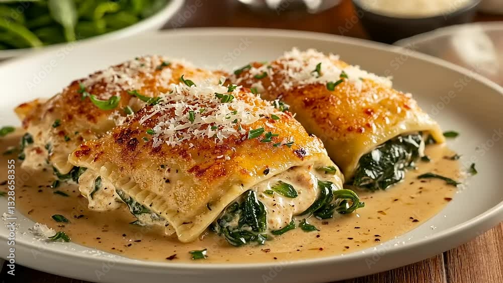 Creamy spinach and cheese lasagna rolls served on a white plate with herbs and grated cheese Creamy spinach and cheese lasagna rolls served on a white plate with herbs and grated cheese