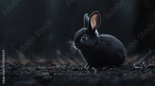 Mysterious black rabbit in the dark captured in realistic photography with ample copy space for text and design