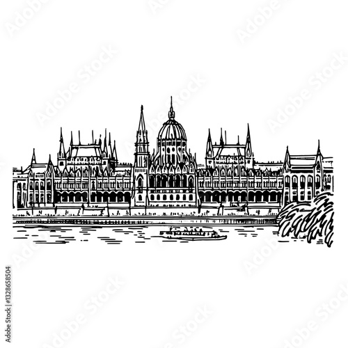 Intricate engraving showcasing the grandeur of a historic skyline alongside a flowing river