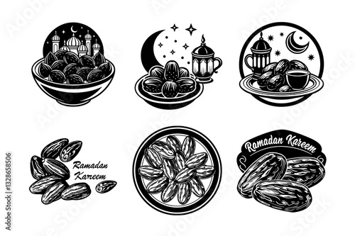 Ramadan Kareem Dates Line Art Illustration Set. Close-up shot of plump Medjool dates on a decorative plate accompanied by Arabic coffee or mint tea