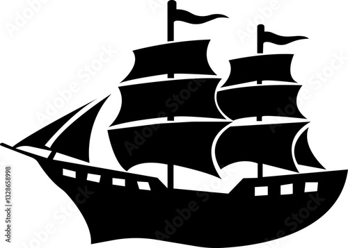 Pirate ship icon.Historic sailing ship navigating through stormy ocean water.Ship silhouette line art illustration.