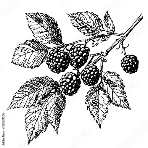 Delicate engraving of blackberries on a vine illustrating the beauty of nature for tattoo designs and packaging