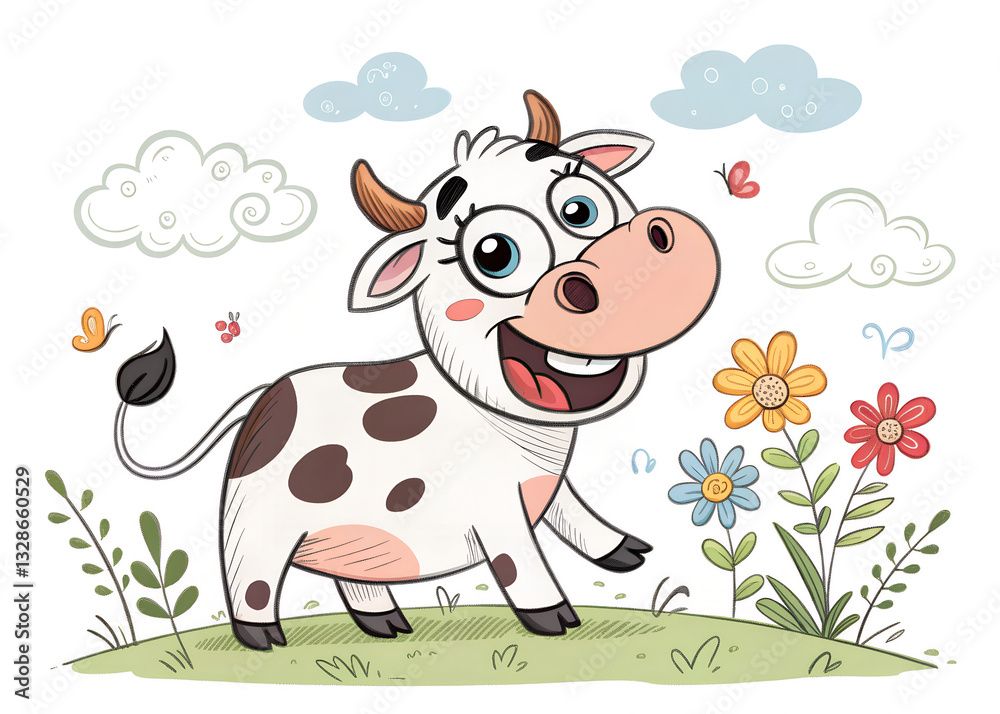A cheerful cartoon cow is standing in a flower-filled meadow under clouds A cheerful cartoon cow is standing in a flower-filled meadow under clouds