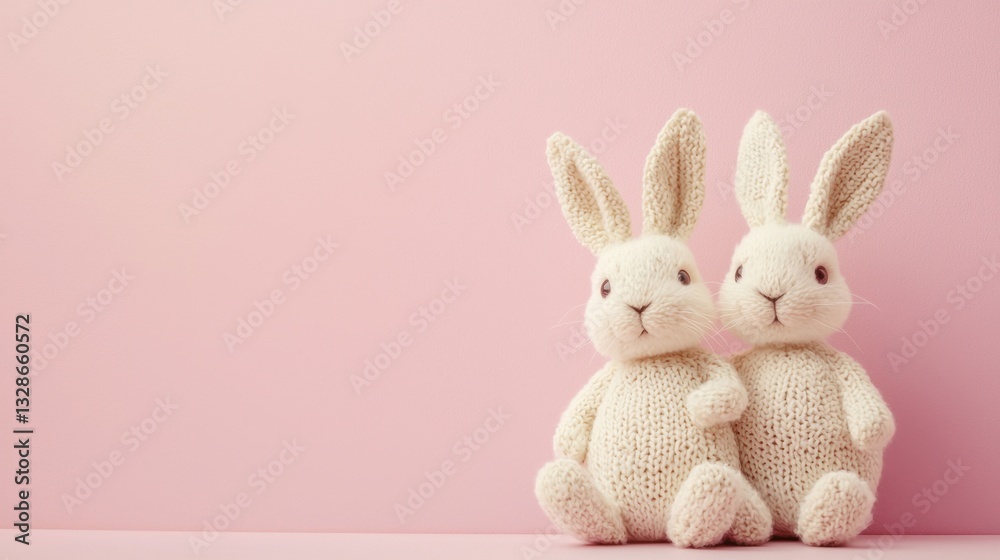 Obraz premium Two adorable white stuffed rabbits together in a cozy setting with spacious copy space for text and playful charm