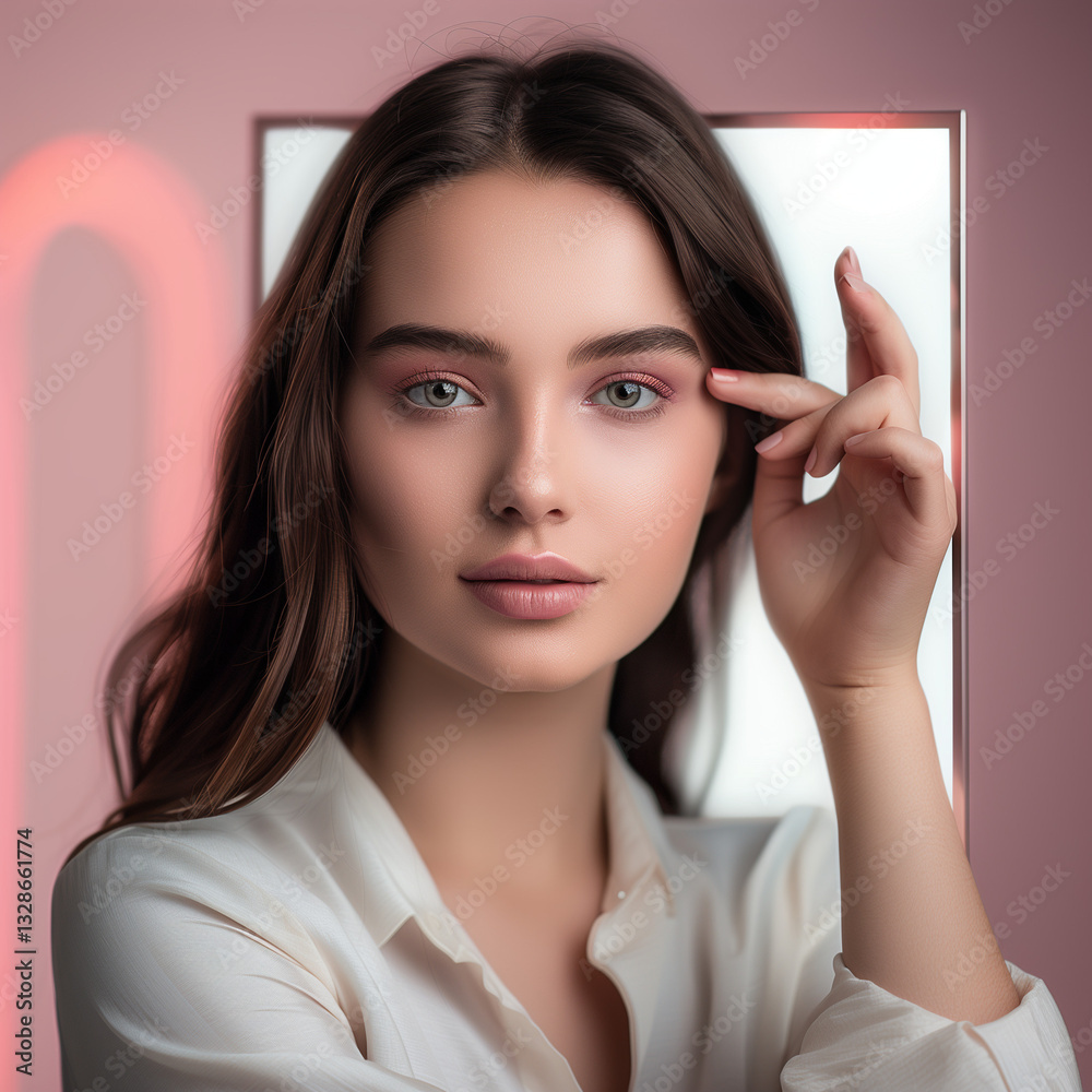 A modern beauty influencer interacting with a futuristic AI-powered makeup app, holographic interface displaying virtual makeup application, sleek white and pastel cyber-inspired background
A modern beauty influencer interacting with a futuristic AI-powered makeup app, holographic interface displaying virtual makeup application, sleek white and pastel cyber-inspired background