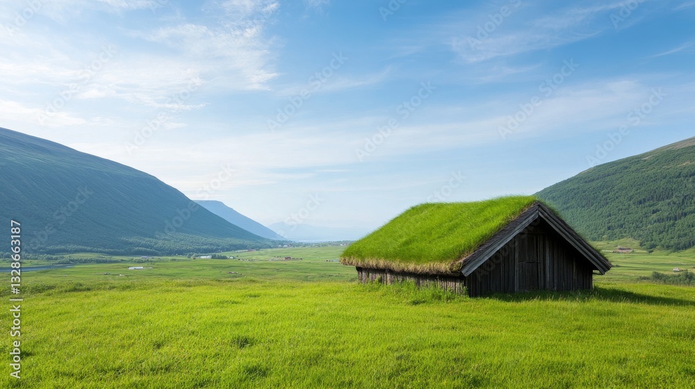 Tranquil landscape view of grass-covered cabin in norwegian valleys nature photography Tranquil landscape view of grass-covered cabin in norwegian valleys nature photography
