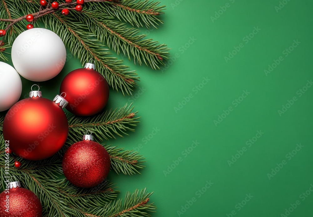 Red and white Christmas ornaments arranged with evergreen branches on a green background. Festive holiday decoration. Red and white Christmas ornaments arranged with evergreen branches on a green background. Festive holiday decoration.