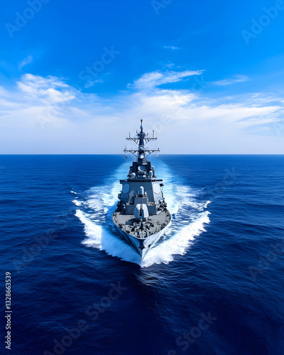 A powerful warship speeds across a deep blue ocean under a vibrant sky