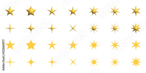 diverse gold star and sparkle icons 3d