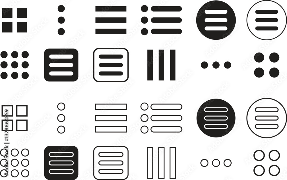 Hamburger web and mobile app menu flat, outline icon set. Vectors button for website UI navigation. App menu for home or drop list and application drawer mobile app isolated on transparent background.