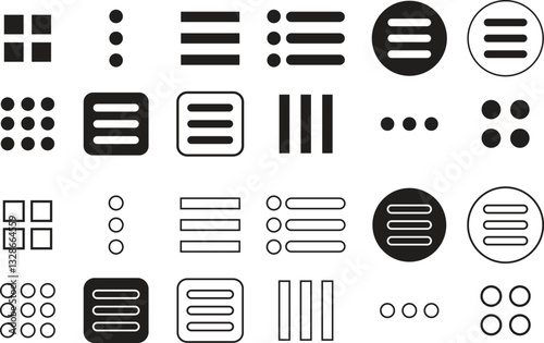 Hamburger web and mobile app menu flat, outline icon set. Vectors button for website UI navigation. App menu for home or drop list and application drawer mobile app isolated on transparent background.