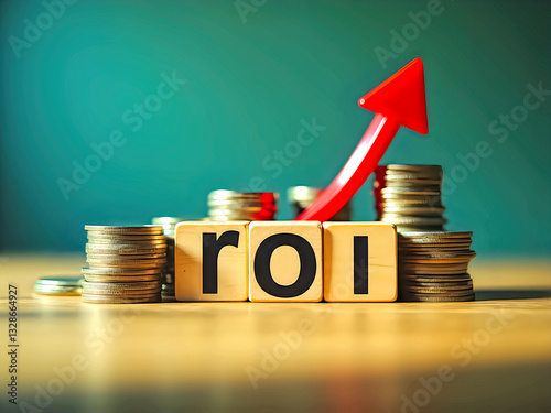 Coins stacked with a red arrow and block roi