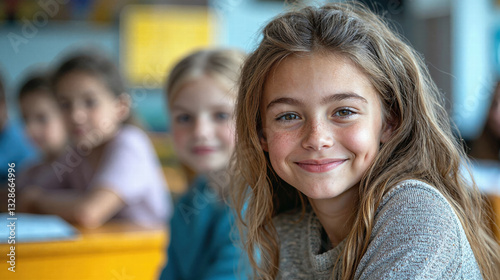 Happy students engaged in learning at school classroom - youthful joy and education concept photo