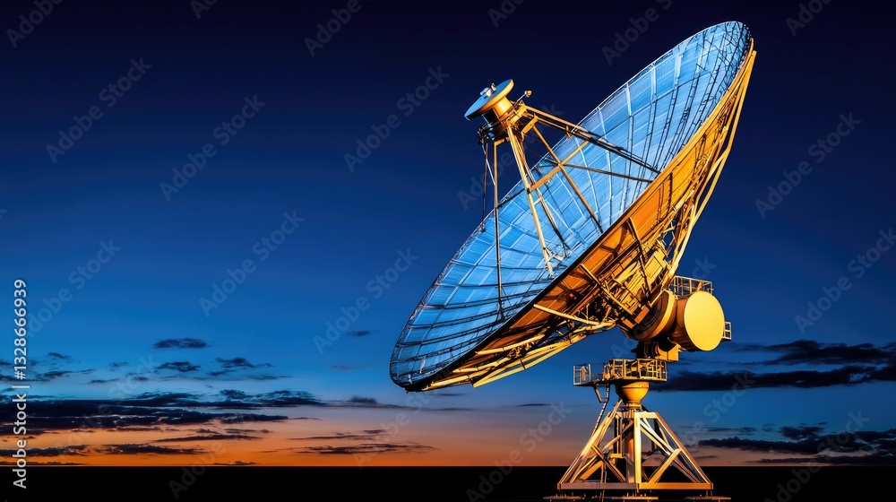 Observing cosmic signals satellite dish in remote landscape astronomy image at twilight Observing cosmic signals satellite dish in remote landscape astronomy image at twilight
