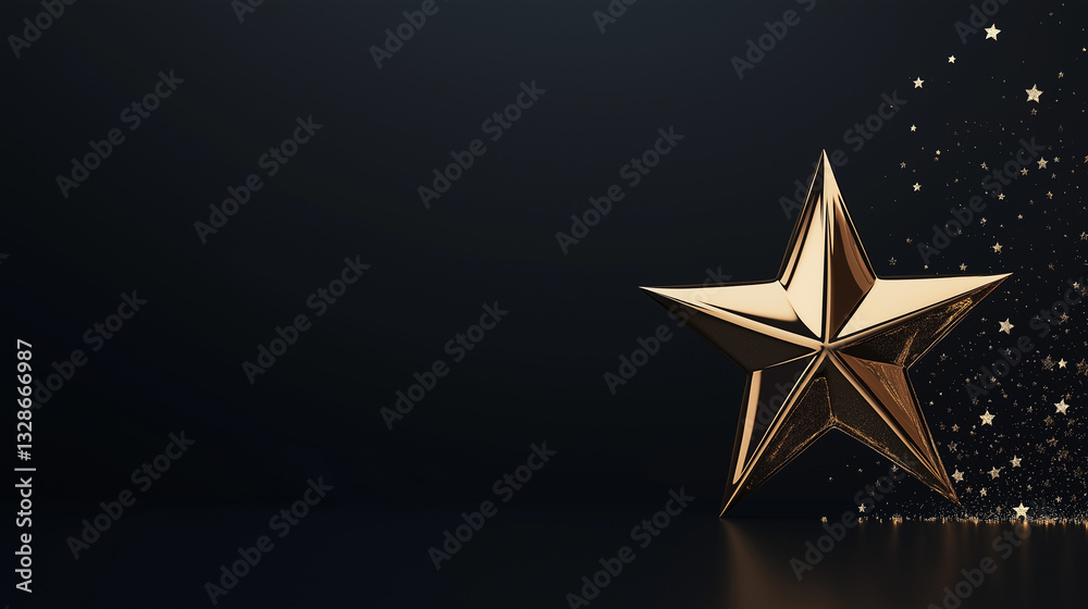 Obraz premium Golden Star Achievement: A gleaming golden star shimmers against a dark background. The scene exudes elegance and ambition, perfect for conveying concepts of recognition and excellence.