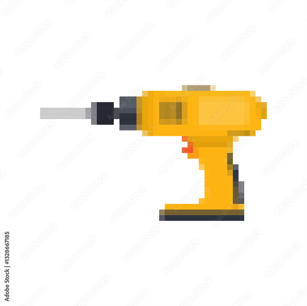 Pixel art of yellow electric drill. Pixelated tools machine icon. Pixel art of yellow electric drill. Pixelated tools machine icon.