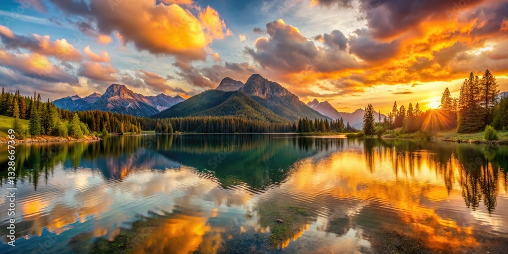 Fototapeta premium Golden hour's breathtaking sunset illuminates a serene mountain lake, creating an epic panoramic landscape.