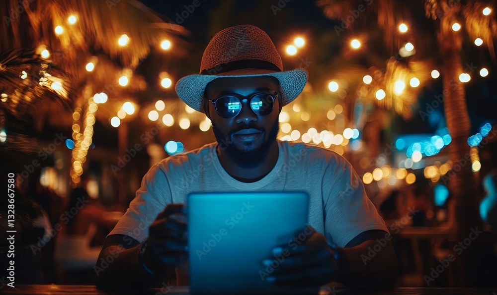 a man with a hat is using a tablet at night. a man with a hat is using a tablet at night.