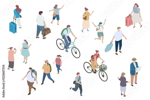 旅行、お出かけ、ハイキング、サイクリングをする人々のアイソメトリックイラスト