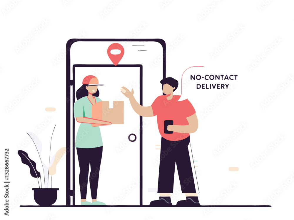 No-contact delivery illustration showing a package drop off. No-contact delivery illustration showing a package drop off.