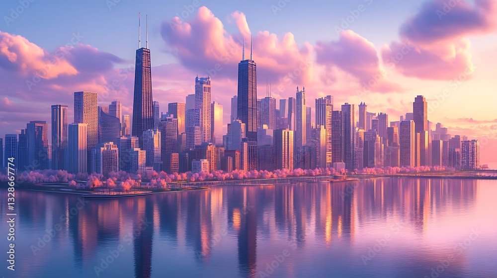 Obraz premium Cityscape reflection over water at sunset. Pink clouds in background. Stock image