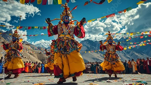 Brightly colored masked cham dancers perform energetically at a Ladakhi monastery festival, surrounded by joyful spectators and fluttering prayer flags against a stunning mountain backdrop.