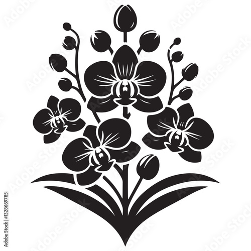 Vector Black Silhouette Orchid Flowers illustration,orchid pattern,simple modern botanical design in white background 6