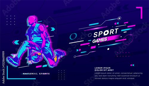 Futuristic Neon Sport Poster – Basketball Player in Cyberpunk Style. National Sports. Dynamic and futuristic sport-themed illustration featuring a basketball player in vibrant neon cyberpunk style.