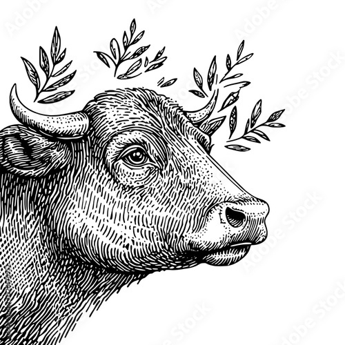 Intricate vector engraving of a serene bull adorned with olive branches, perfect for tattoos or unique packaging designs