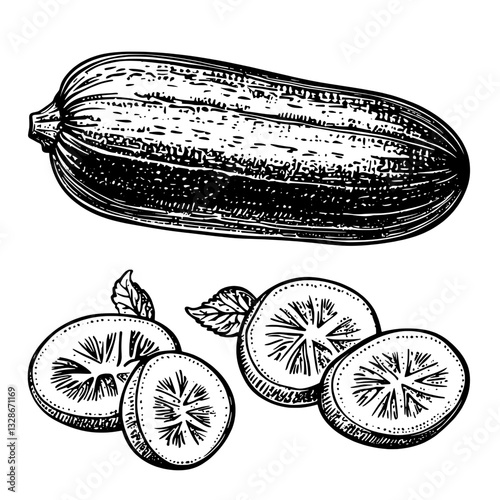 Engraved vector illustration of fresh zucchini and sliced cucumber for creative tattoo and packaging design