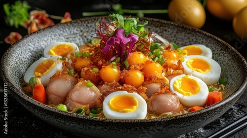 Noodles with eggs, scallops, and vegetables in a dark bowl, close-up shot