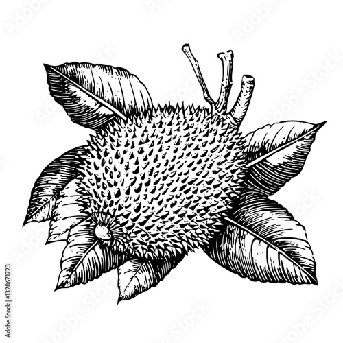 Unique engraved illustration featuring a spiky fruit surrounded by detailed leaves for creative packaging design and tattoo inspiration