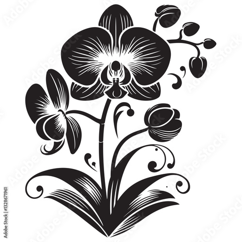 Vector Black Silhouette Orchid Flowers illustration,orchid pattern,simple modern botanical design in white background 17