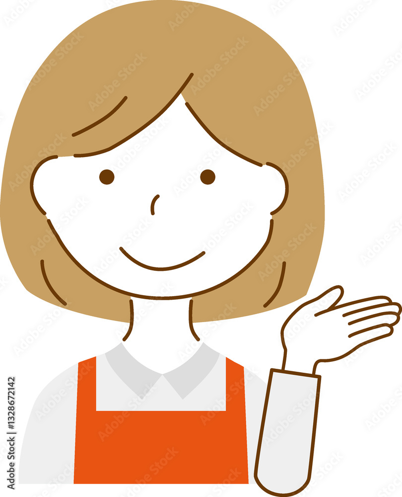 案内しているエプロンを付けている女性
