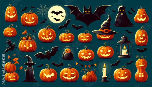 halloween pumkins and bat collection vector illustration